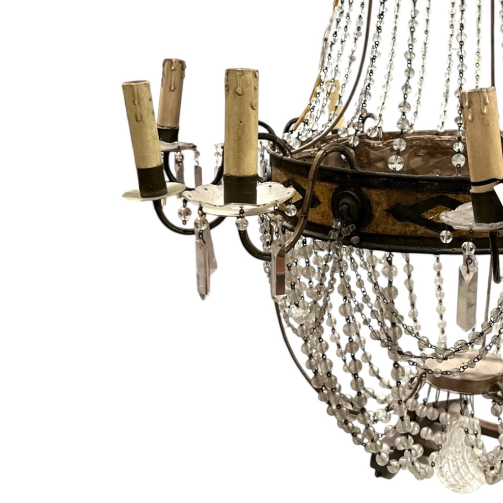 Tara Shaw 18th century Tuscan Empire chandelier with aged iron frame, crystal beads, and neoclassical detailing.