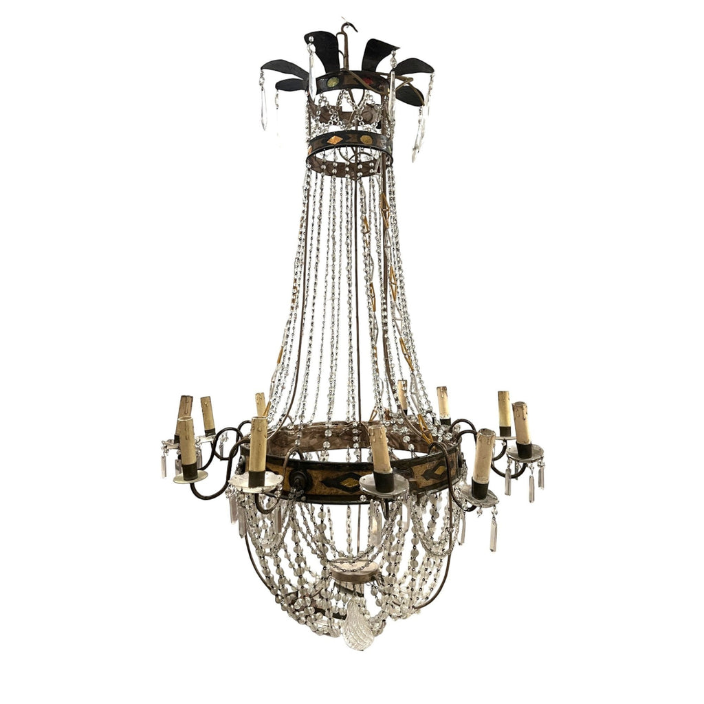 Tara Shaw 18th century Tuscan Empire chandelier with aged iron frame, neoclassical detailing, and crystal bead strands.