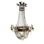 Tara Shaw 18th century Tuscan Empire chandelier with aged iron frame, neoclassical detailing, and crystal bead strands.