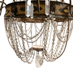 Tara Shaw 18th century Tuscan Empire chandelier with an aged iron frame, neoclassical details, and crystal beads.