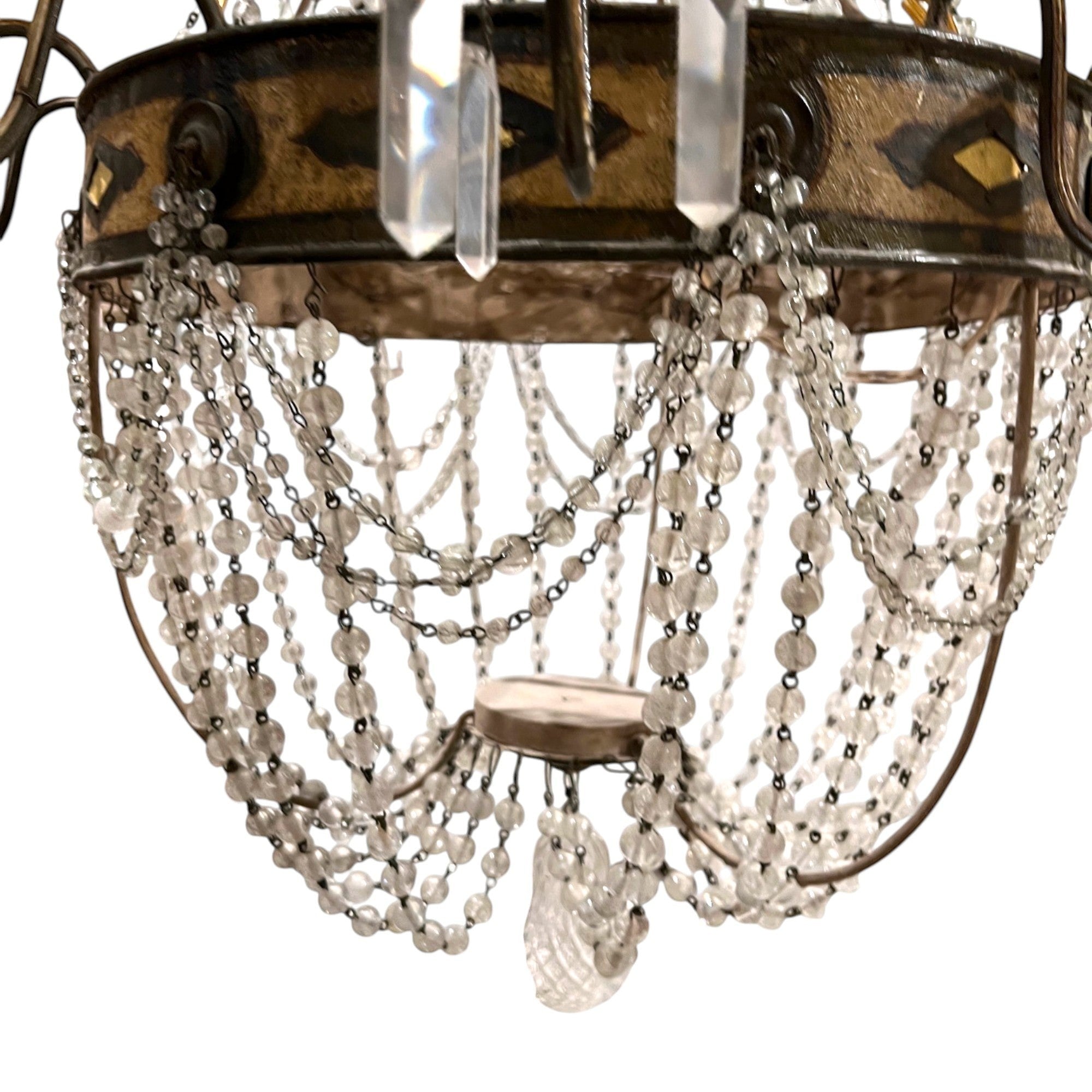 Tara Shaw 18th century Tuscan Empire chandelier with an aged iron frame, neoclassical details, and crystal beads.
