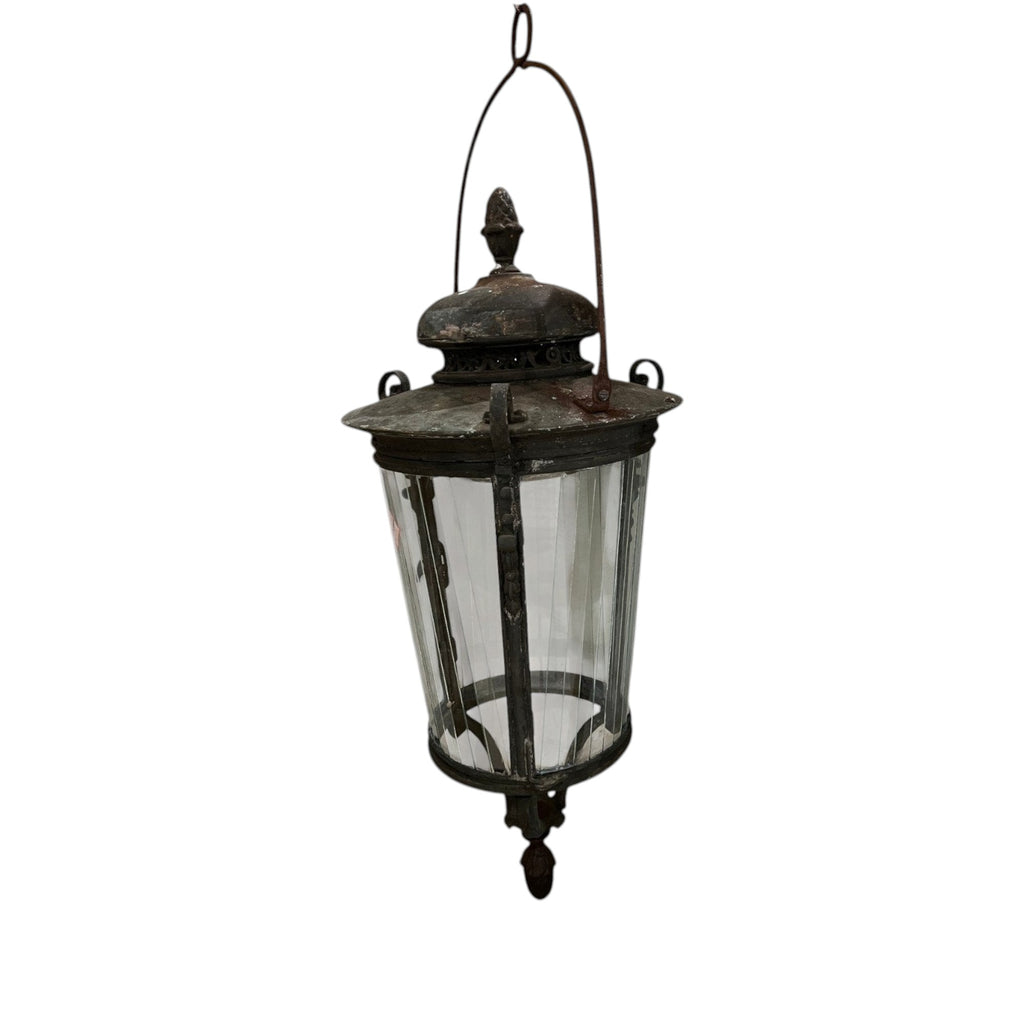 Tara Shaw 18th century Venetian bronze lantern with aged patina and glass panels, featuring an elegant hanging design.