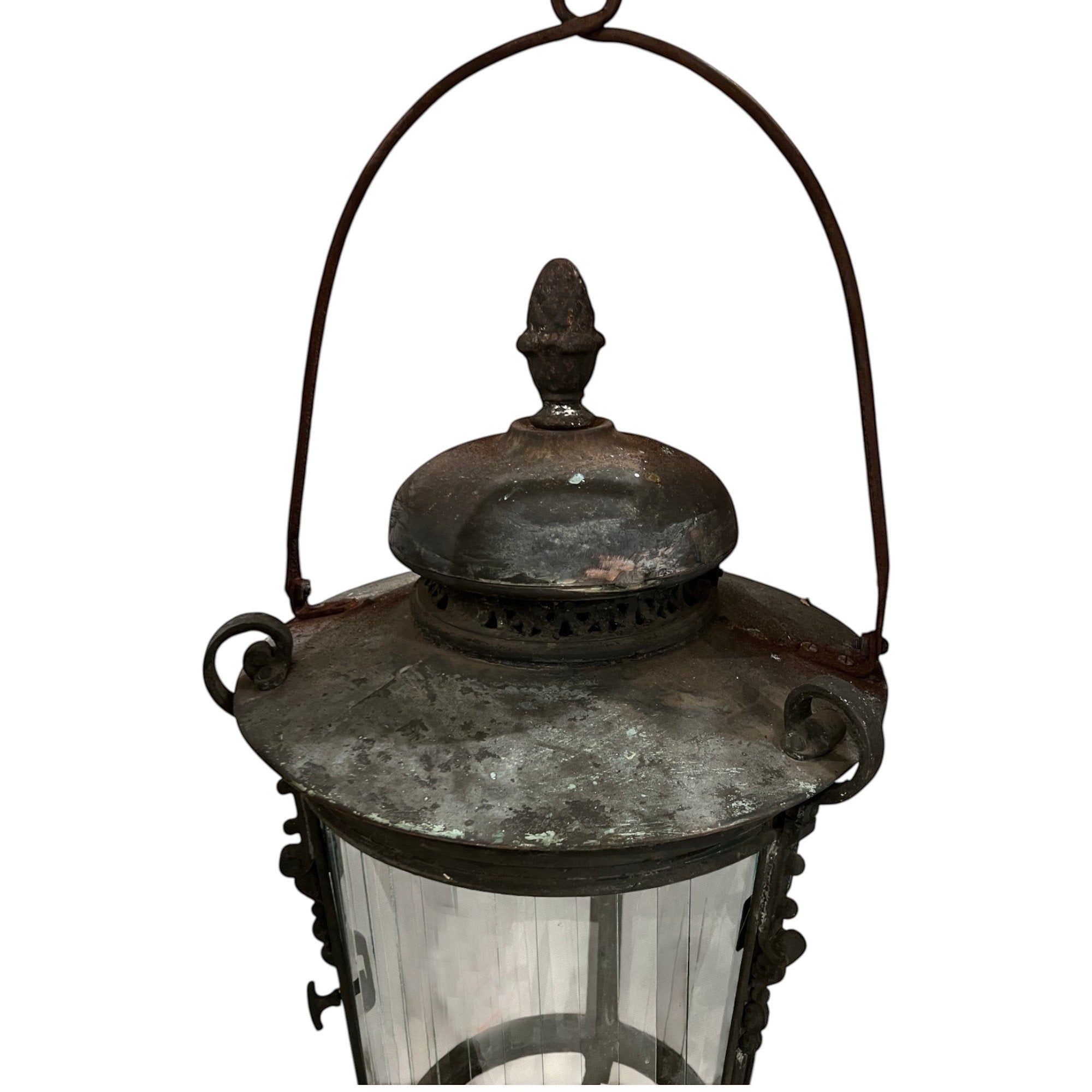 Tara Shaw 18th century Venetian bronze lantern with aged patina, glass panels, and a decorative arched handle.