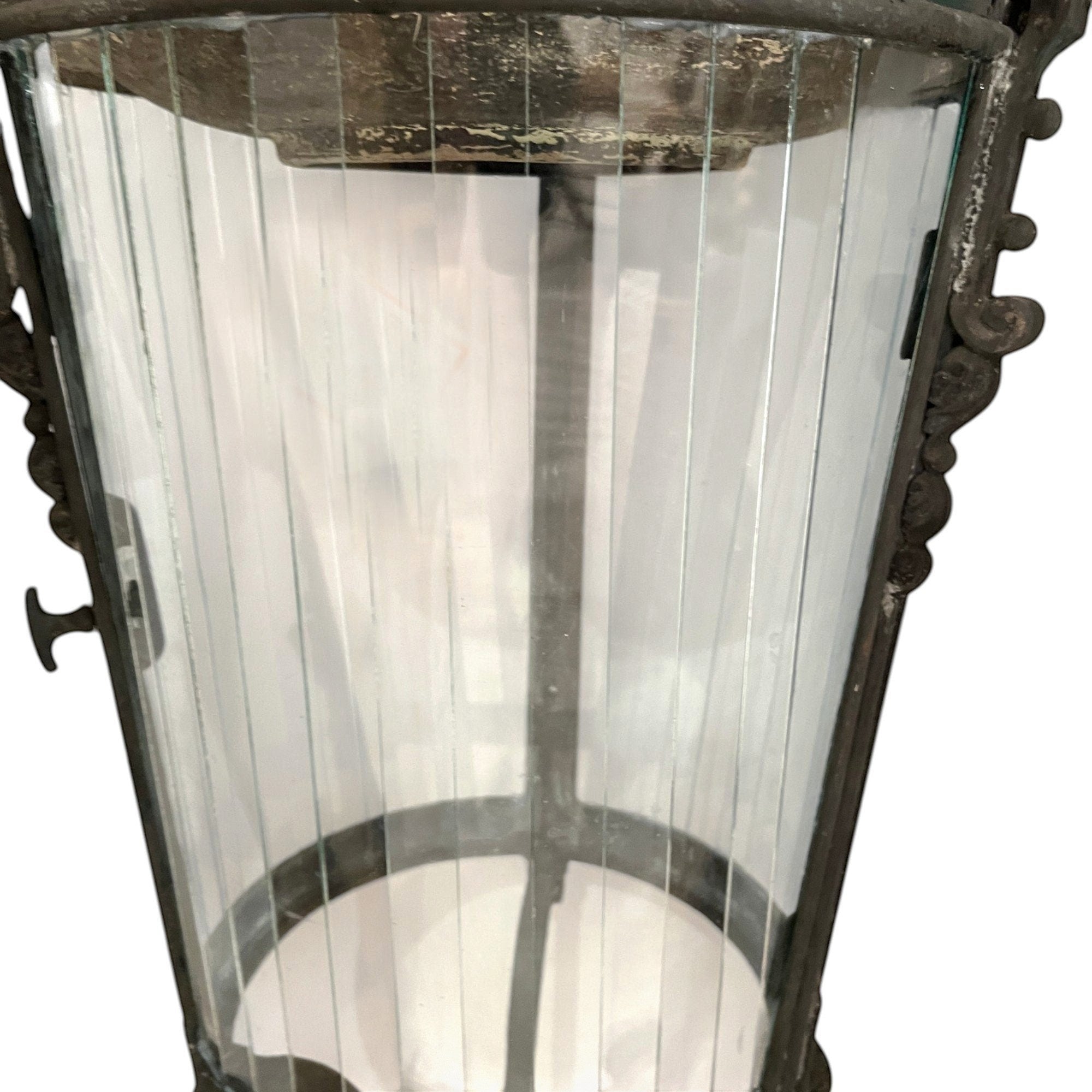 Tara Shaw 18th century Venetian bronze lantern with vertical glass panels and a rich aged patina.