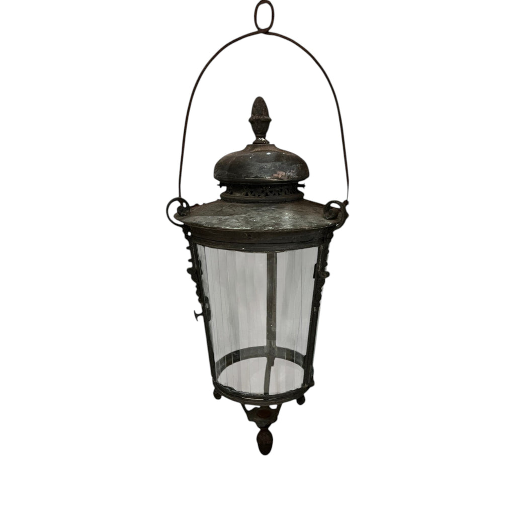 Tara Shaw 18th century Venetian bronze lantern with aged patina and fluted glass panels on a white background.