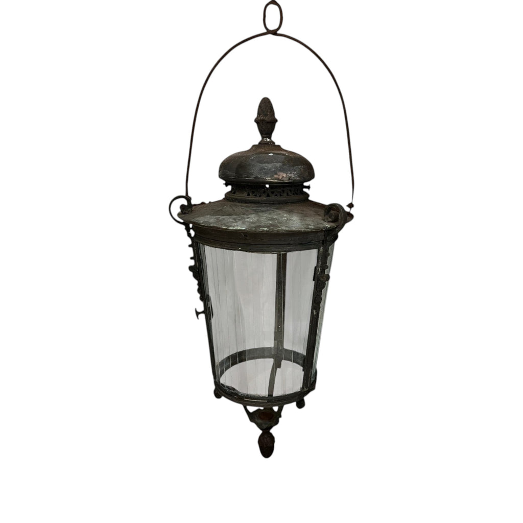 Tara Shaw 18th century Venetian bronze lantern with aged patina, fluted glass panels, and elegant hanging loop.