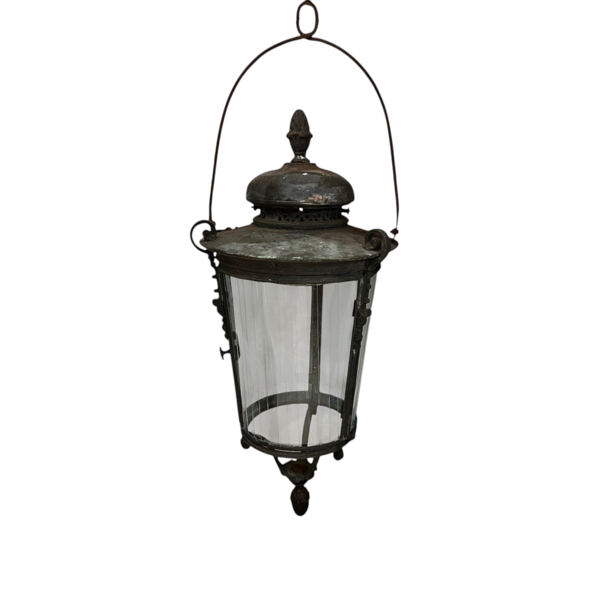 Tara Shaw 18th century Venetian bronze lantern with aged patina, fluted glass panels, and elegant hanging loop.