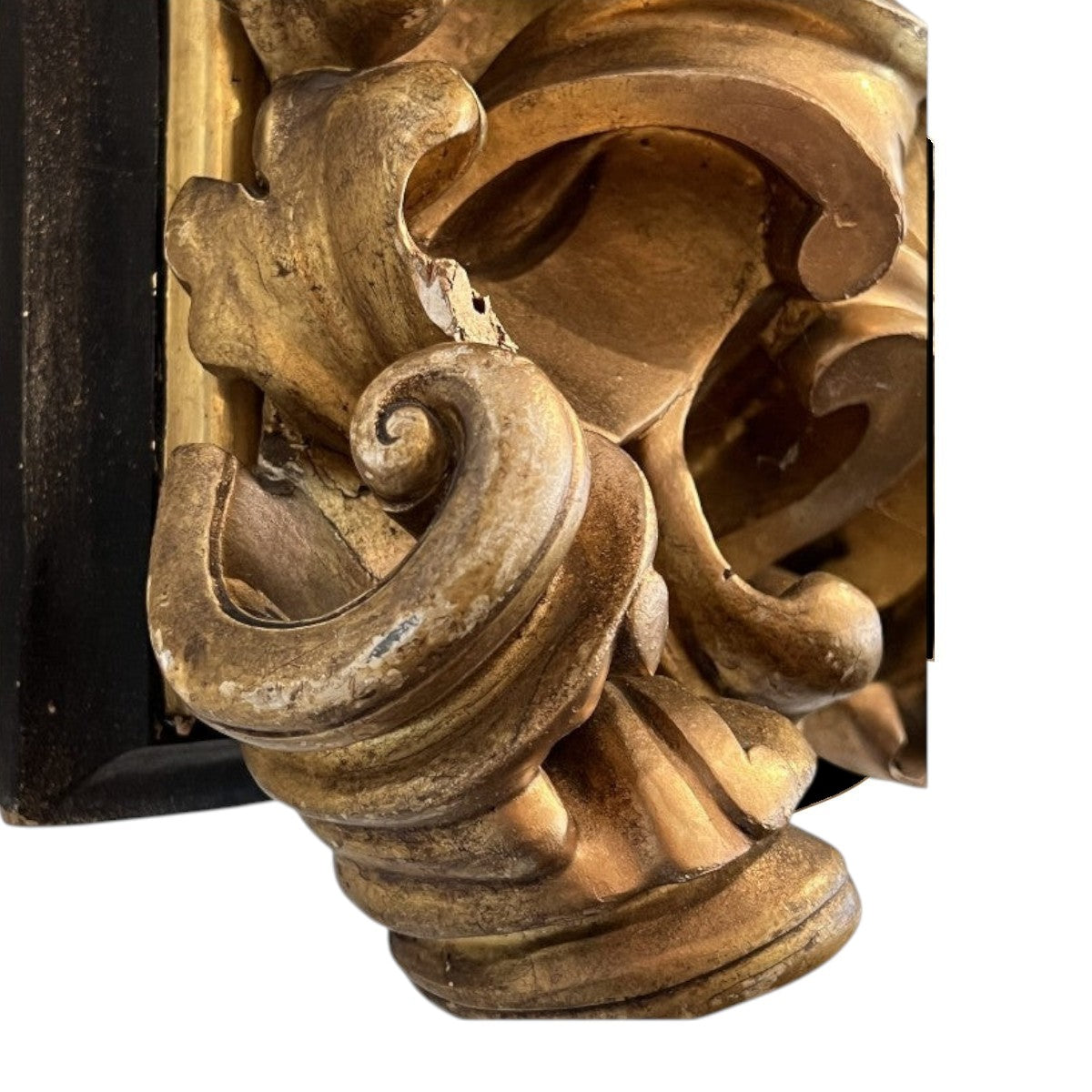 Tara Shaw 18th Century Venetian mirror corner with ornate gold leaf carved wood detailing and black frame accents.