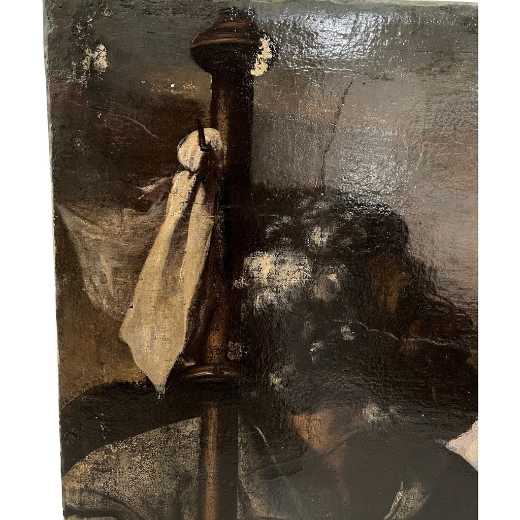 Tara Shaw 17th century Venetian oil painting detail of Christ and pilgrims at Emmaus with rich dark patina and texture.