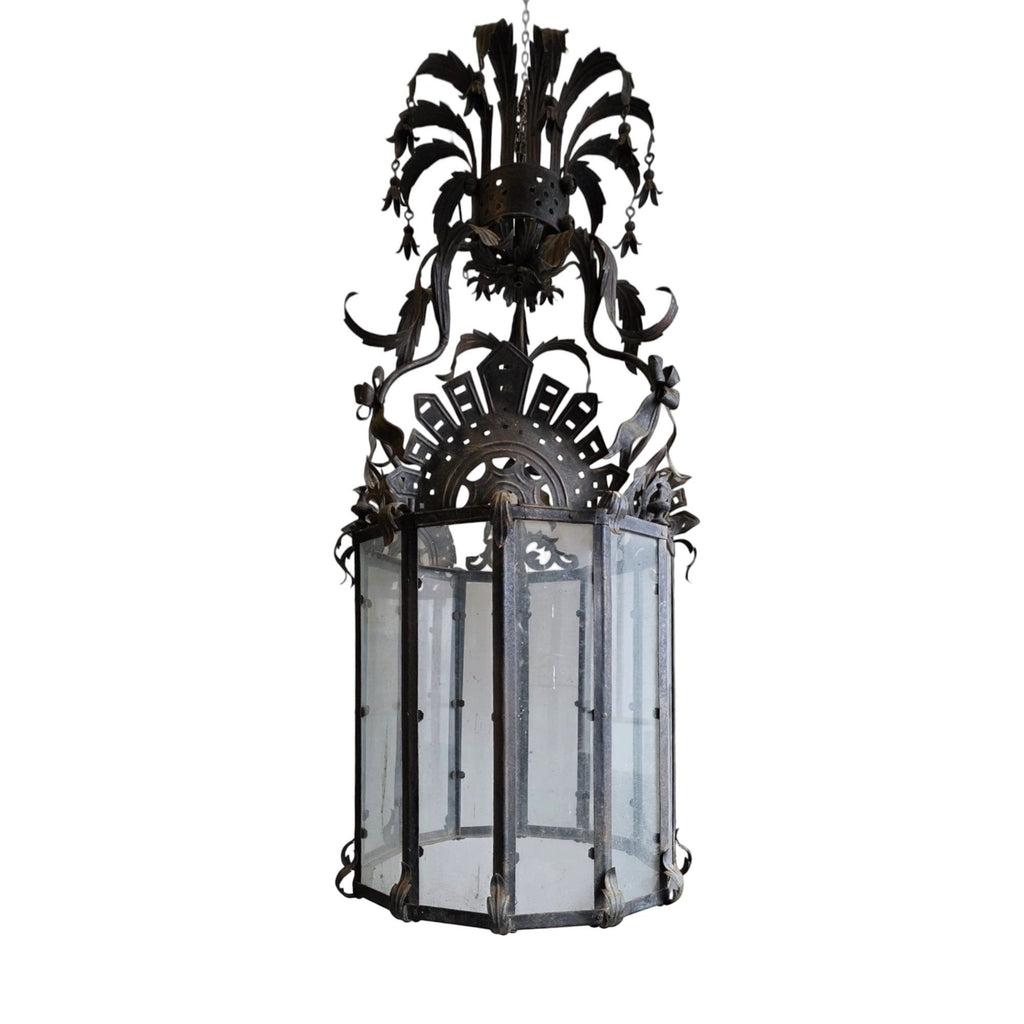 Tara Shaw mid-century Venetian Renaissance style lantern with intricate metalwork and an aged patina finish.