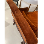 Tara Shaw 18th-century Venetian walnut chaise with worn rust-colored velvet upholstery and decorative nailhead trim.