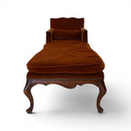 Tara Shaw 18th-century Venetian walnut chaise with brown velvet upholstery and ornate carved cabriole legs.