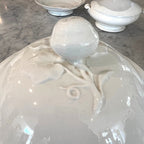 Tara Shaw 19th century white ironstone tureen lid featuring a sculpted rose finial and elegant glazed finish.