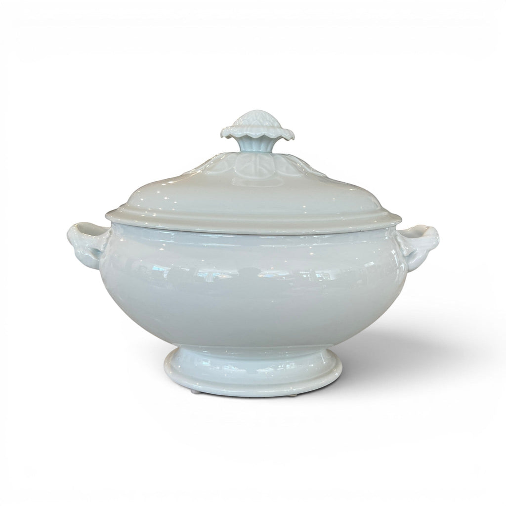 Tara Shaw 19th century white ironstone tureen with lid featuring a sunflower rose finial and classic silhouette.