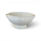 Tara Shaw 19th century European white ironstone tureen with side handles and pedestal base on a white background
