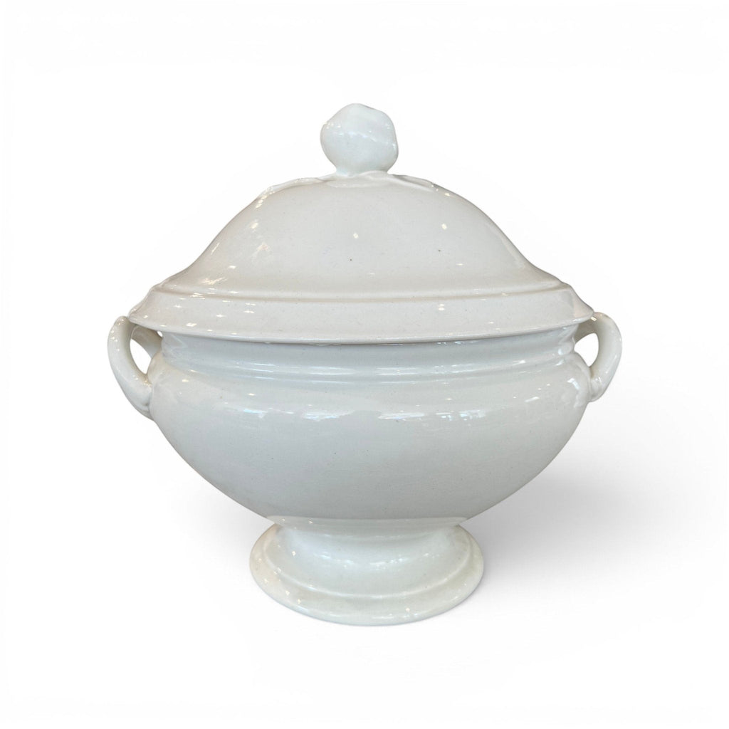 Tara Shaw 19th century white European ironstone tureen with lid and sculpted rose finial on a white background