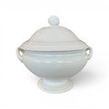 Tara Shaw 19th century white European ironstone tureen with lid and sculpted rose finial on a white background