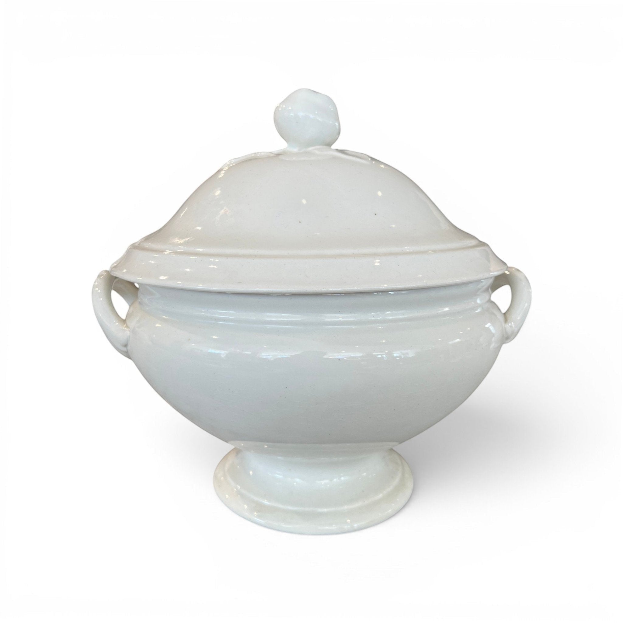 Tara Shaw 19th century white European ironstone tureen with lid and sculpted rose finial on a white background