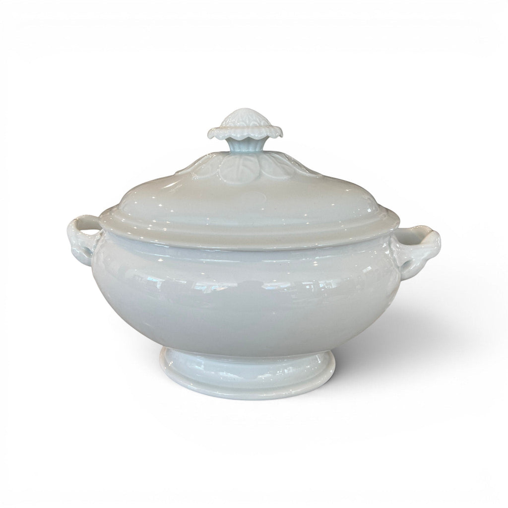 Tara Shaw 19th century white ironstone tureen with lid featuring a sunflower rose finial and classic silhouette.