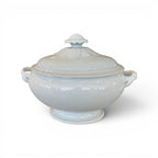 Tara Shaw 19th century white ironstone tureen with lid featuring a sunflower rose finial and classic silhouette.